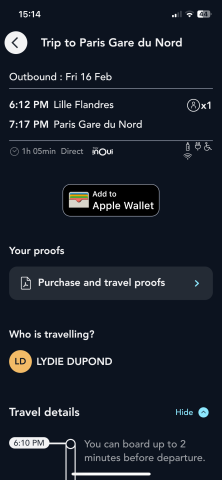 Screen illustrating the Tickets section tab your receipts on the SNCF Connect application